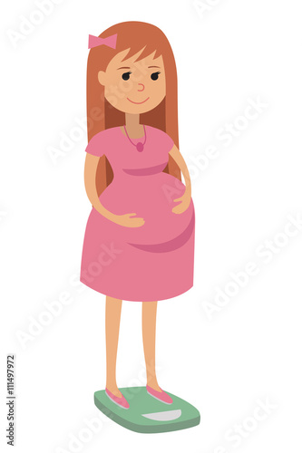 Pregnant Woman, weighed on the scales. Flat Vector Illustration