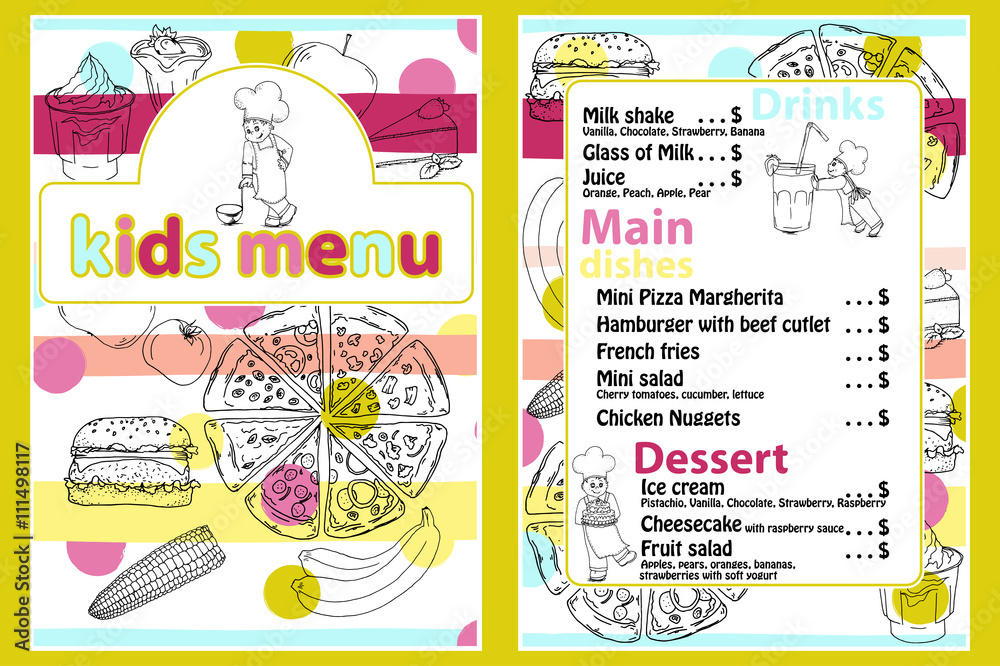 Cute colorful kids meal menu vector template with funny cartoon kitchen boy. Different types of dishes on a hand drawn grocery background