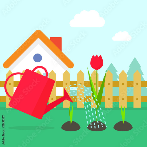 Gardening vector illustration, garden landscape, summer and spring scene, sky, whatering can pouring