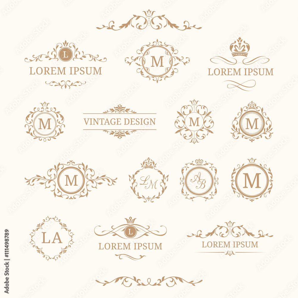 Set of elegant floral monograms and borders