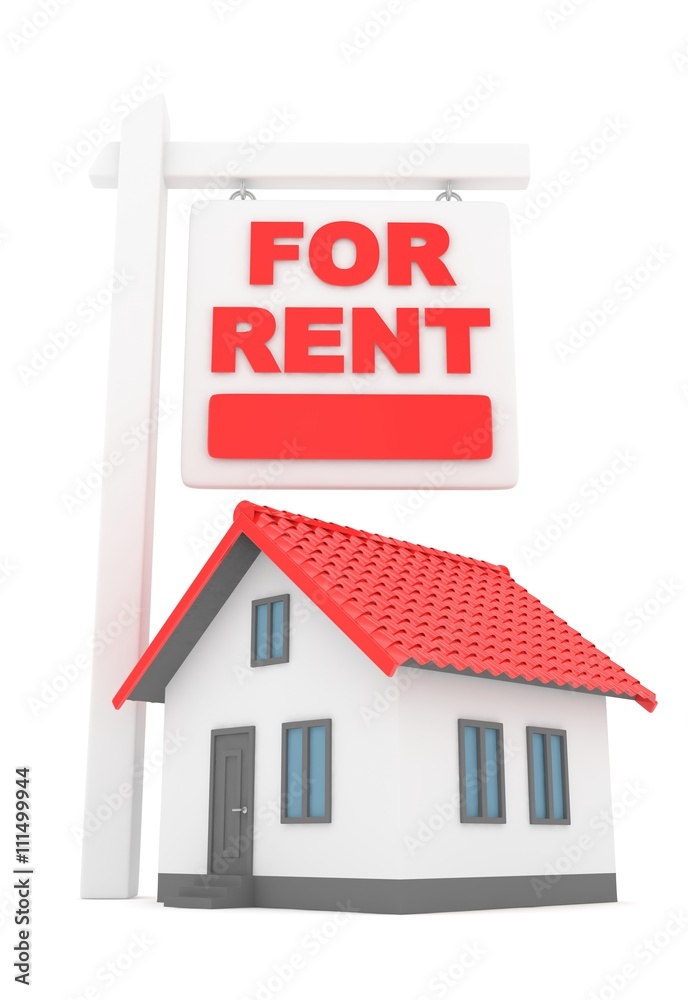 Isolated model of house with for sale sign on white background. Good investment in real estate. Buy new apartment. Golden roof. 3D rendering. Isolated model of house with for sale sign on white background. Good investment in real estate. Buy new apartment. Golden roof. 3D rendering.