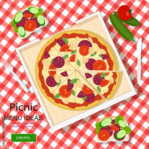 Cool graphic vector concept of picnic menu ideas for summer vacation. White checked cloth with pizza, sandwiches and vegetables. Flat style vector illustration.
