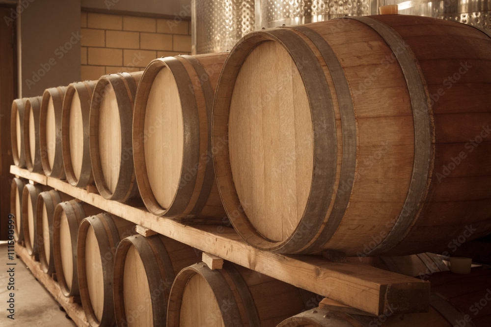 Wine barrels in the wine cellar.  