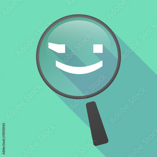 Long shadow magnifier vector icon with  a wink text face emotico photo