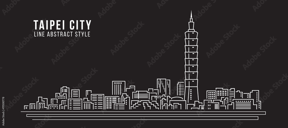 Naklejka premium Pejzaż Budynek Grafika liniowa Projekt ilustracji wektorowych - miasto Tajpej