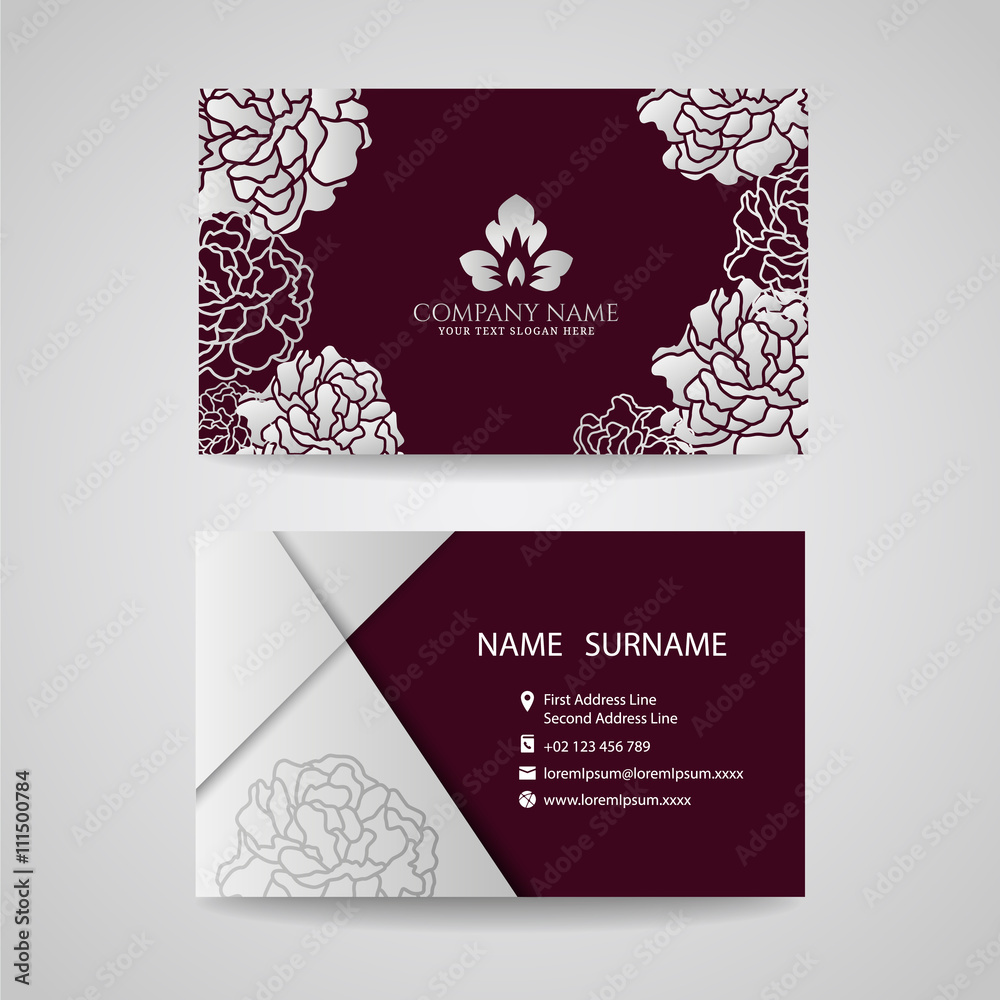 Business card - Silver floral frame and leaf logo on Crimson background Business card - Silver floral frame and leaf logo on Crimson background