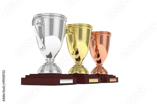 Three cups on white background. 3D rendering.