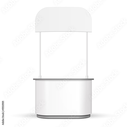 White POS POI Blank Empty Retail Stand Stall Bar Display With Roof, Canopy. On White Background Isolated. Mock Up Template Ready For Your Design. Product Packing Vector EPS10