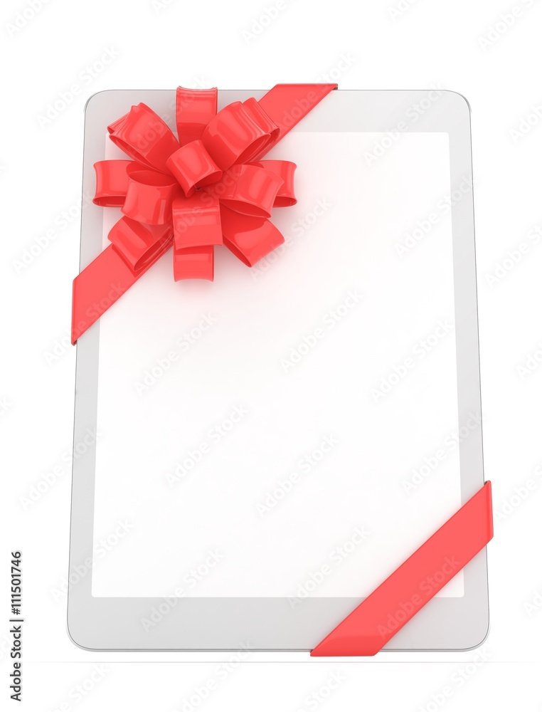 White tablet with red bow and empty screen. 3D rendering. White tablet with red bow and empty screen. 3D rendering.