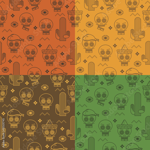 mexican seamless patterns vector calavera line art clipart on orange yellow brown green background wallpapers