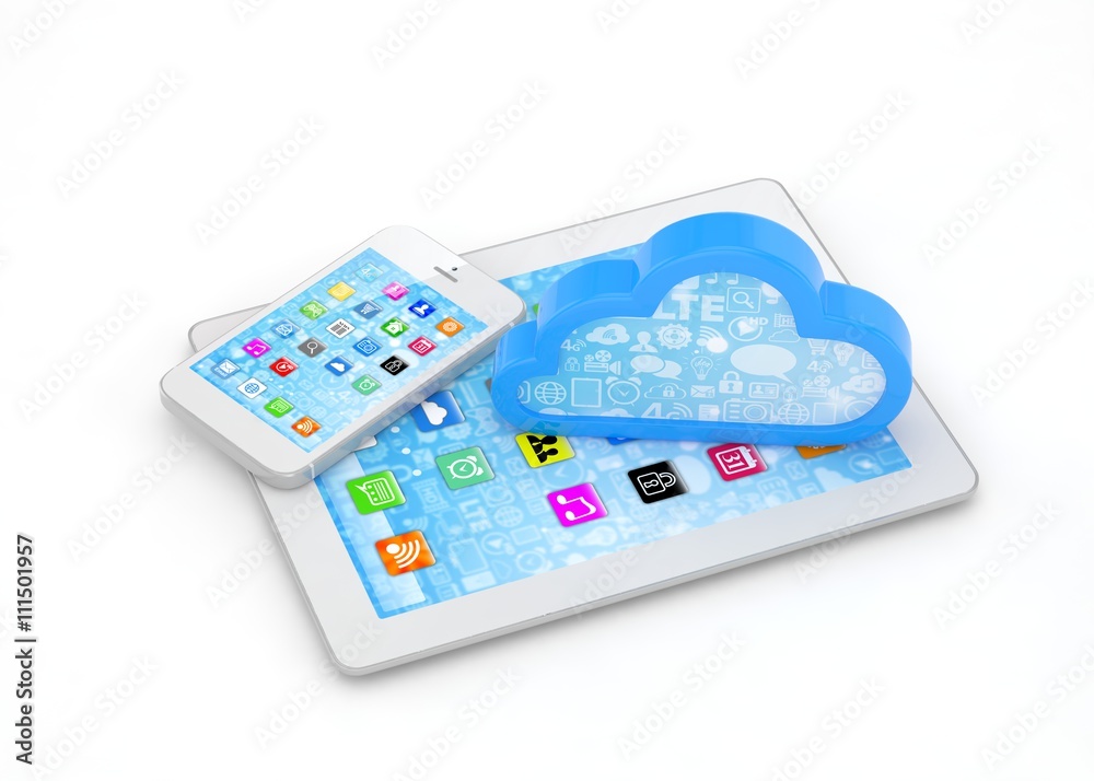 tablet pc, smart phone and cloud. 3d rendering. tablet pc, smart phone and cloud. 3d rendering.