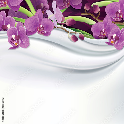 Fototapeta Naklejka Na Ścianę i Meble -  Vector purple orchids on white silk, fabric background.