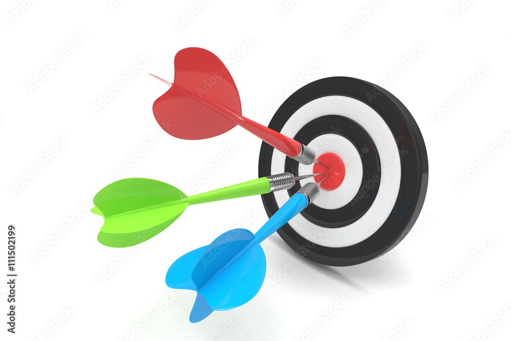 Three multicolor arrows darts in center. 3d rendering. Three multicolor arrows darts in center. 3d rendering.