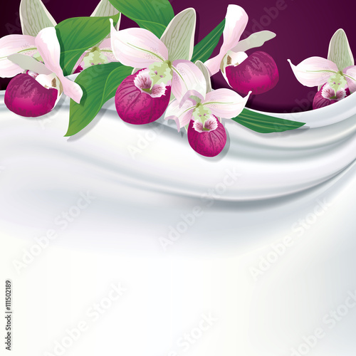 Fototapeta Naklejka Na Ścianę i Meble -  Vector purple pink lady slipper orchids on white silk, fabric ba