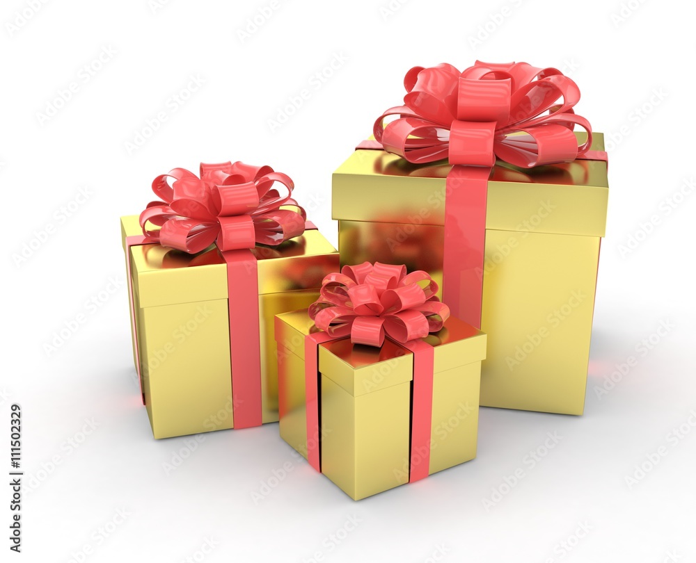 three gift boxes with bows isolated on white. 3d rendering. three gift boxes with bows isolated on white. 3d rendering.