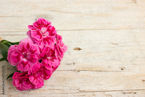 Bouquet of purple carnations on wooden background