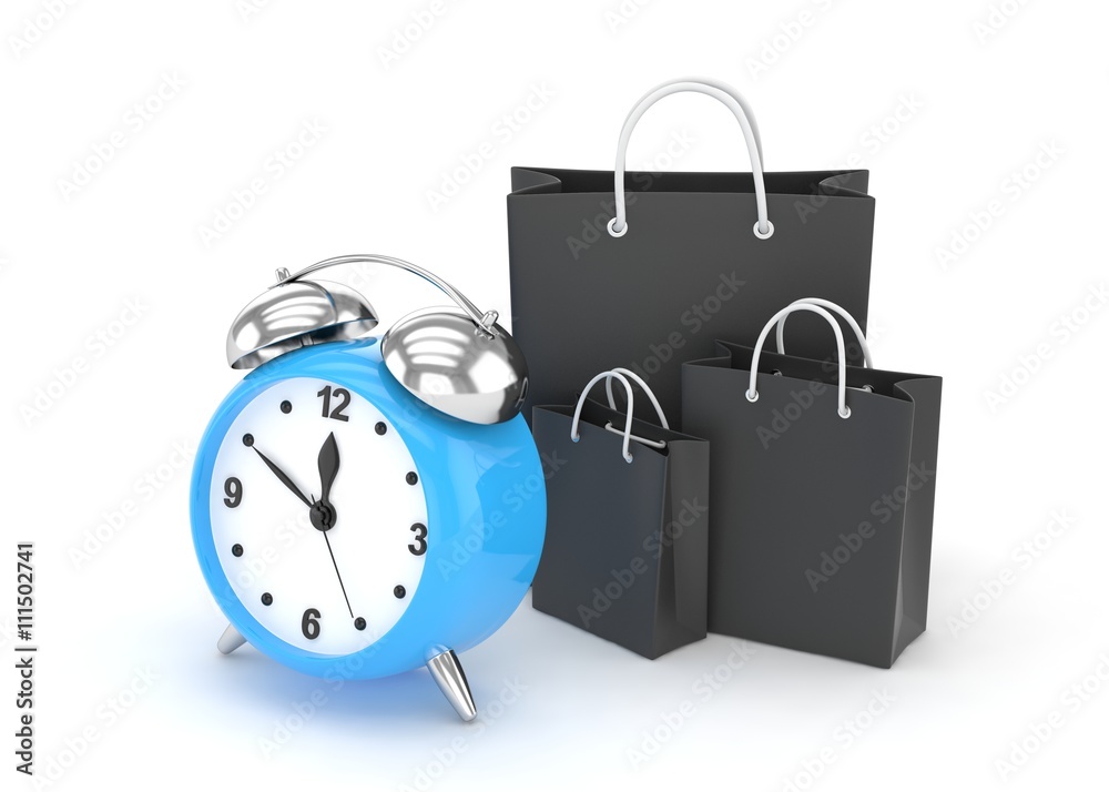 alarm clock and shopping bag (time to buy concept). 3d rendering. alarm clock and shopping bag (time to buy concept). 3d rendering.