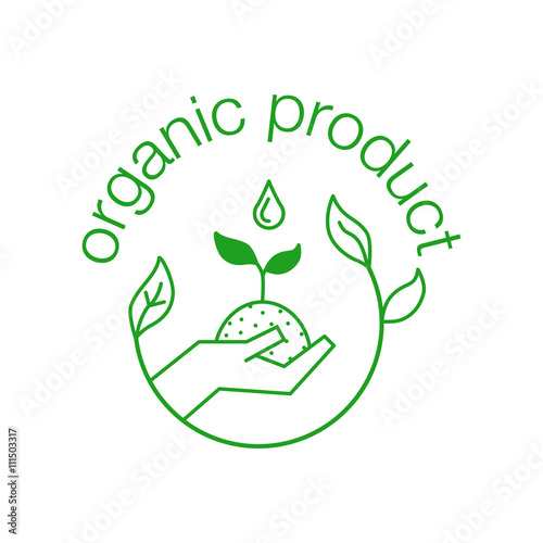Organic product green outline icon. Organic product symbol with sprout in hand for label, farming, healthy food. Line art Vector illustration isolated on white background