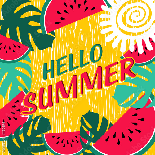 Hello summer vacation poster with fruit nature art