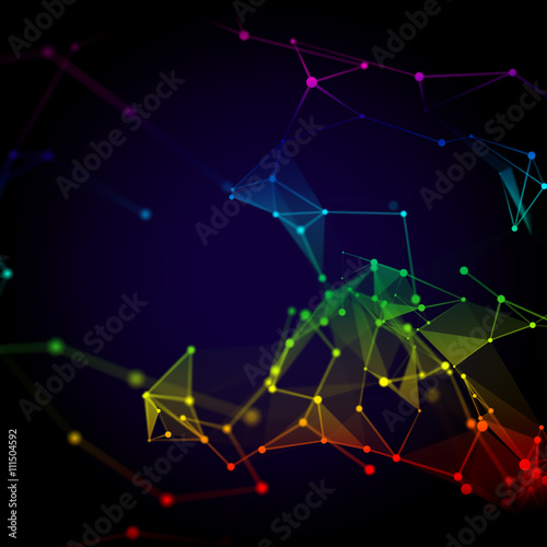 Abstract Molecular structure and communication on the dark background. Connected colorfully lines with dots. Concept of the science, connection, chemistry, biology, medicine, technology.