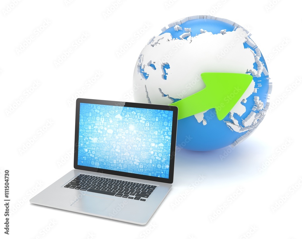 Laptop network and earth globe. 3d render Laptop network and earth globe. 3d render