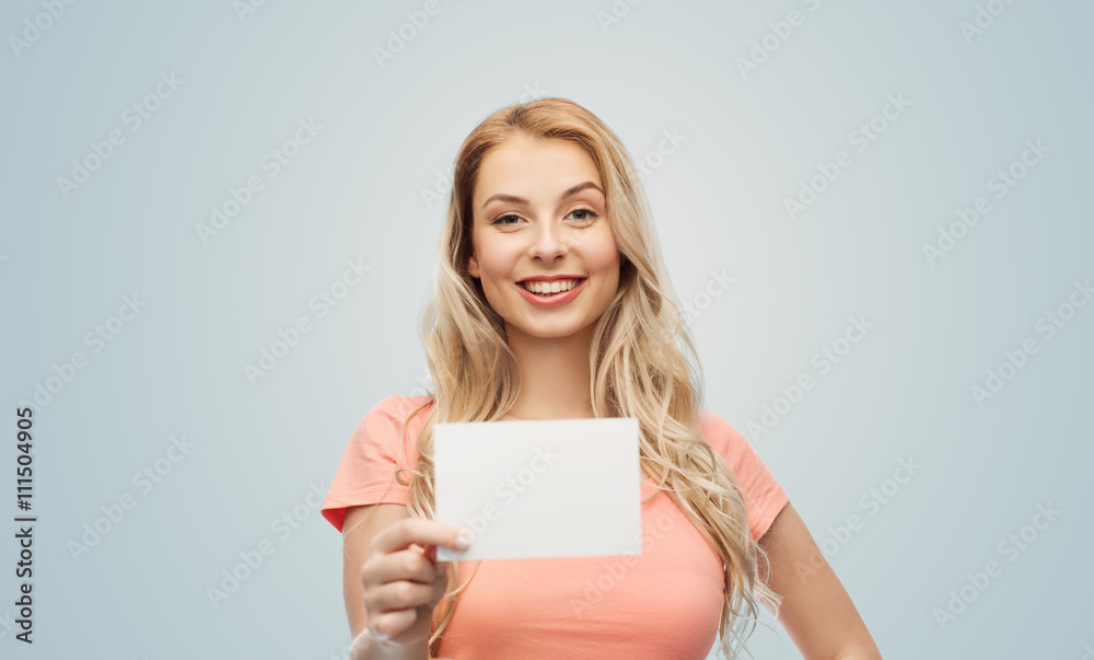 happy woman or teen girl with blank white paper happy woman or teen girl with blank white paper