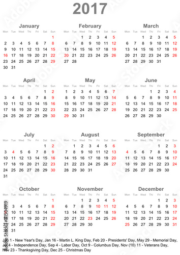 Einfacher Kalender 2017 mit gesetzlichen Feiertagen für die USA