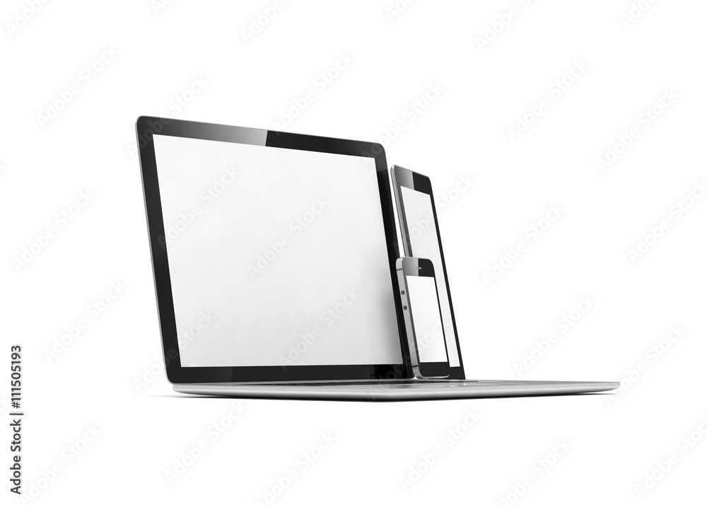 laptop, tablet, phone, on white. 3d rendering.
