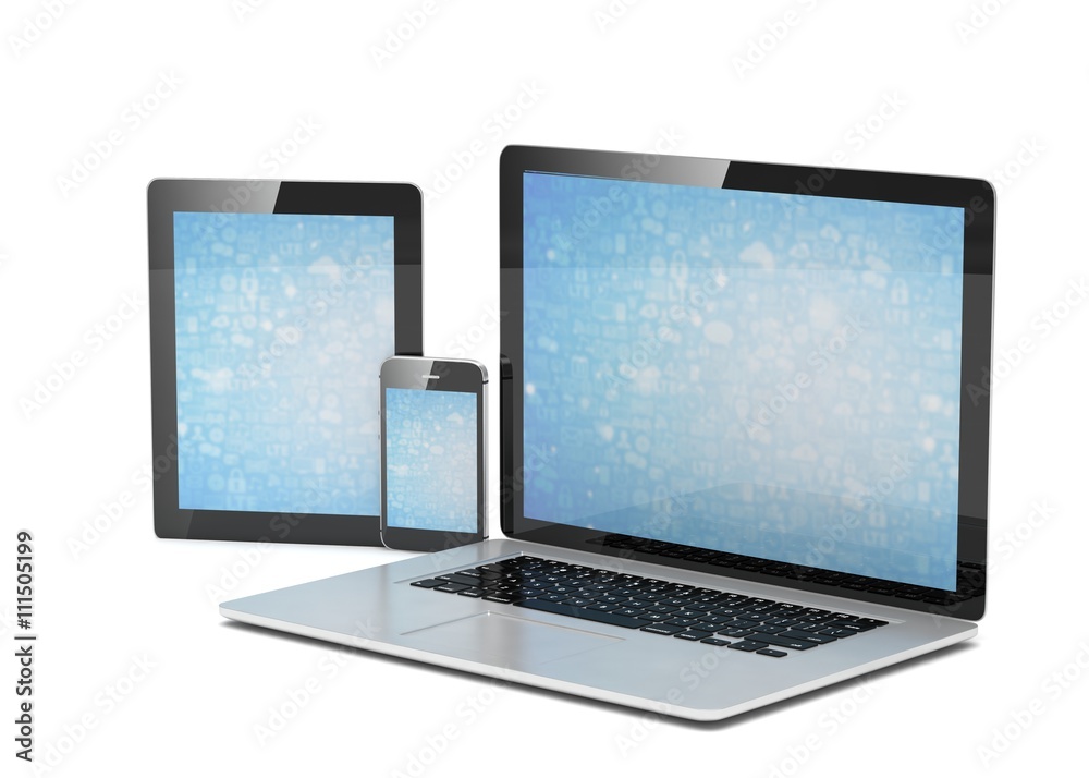 laptop, tablet, phone, on white. 3d rendering. laptop, tablet, phone, on white. 3d rendering.