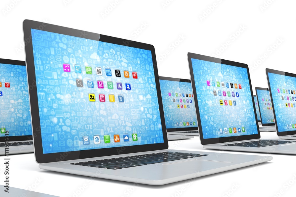 many laptop on white background. 3d rendering. many laptop on white background. 3d rendering.