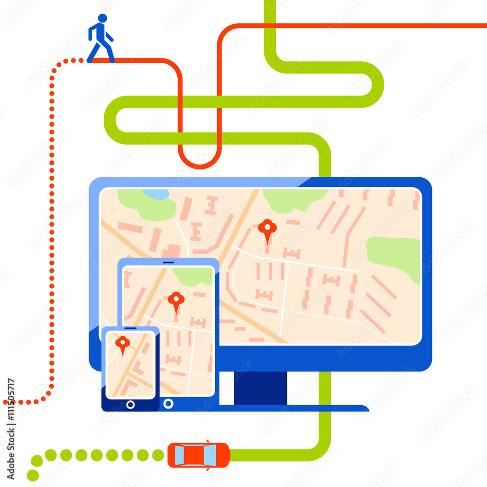 Navigation web map with pin. Route for car and pedestrian. Smartphone, computer and tablet with flat map with notation and markers. Flat vector illustration isolated on wight background Navigation web map with pin. Route for car and pedestrian. Smartphone, computer and tablet with flat map with notation and markers. Flat vector illustration isolated on wight background