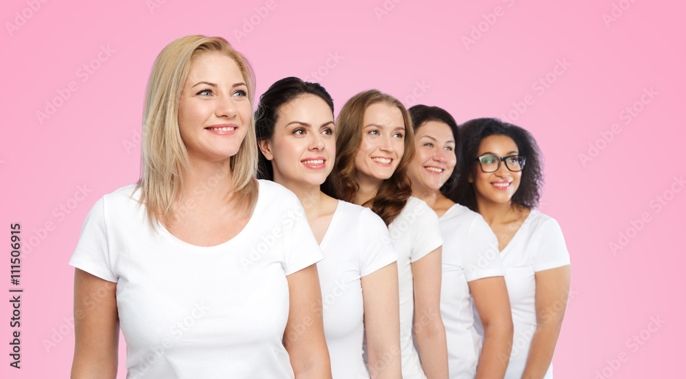 group of happy different women in white t-shirts group of happy different women in white t-shirts