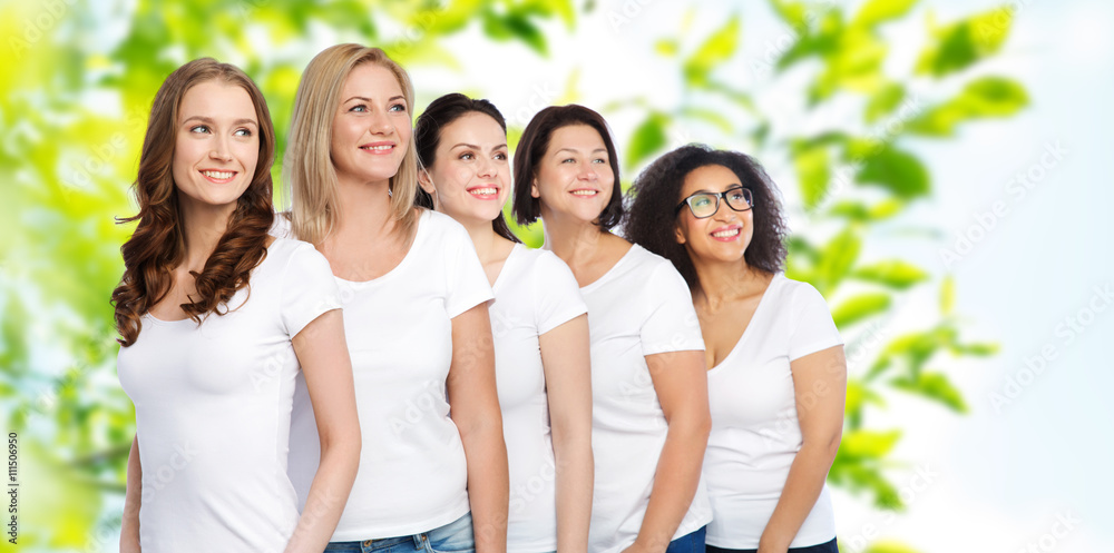 group of happy different women in white t-shirts group of happy different women in white t-shirts