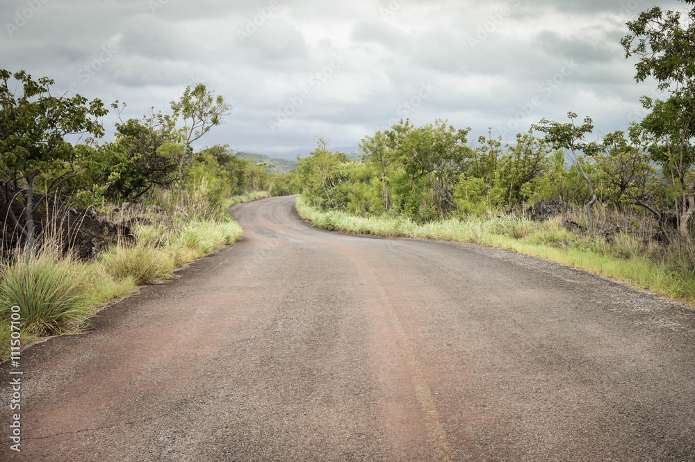 Road landscape on the way to the craters of Masaya and Nindiri vocanoes, near Masaya, Nicaragua - obrazy, fototapety, plakaty 