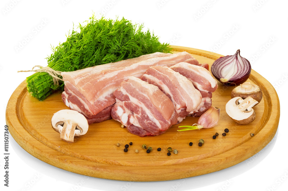 Fresh raw pork, dill and spices isolated on white . Fresh raw pork, dill and spices isolated on white .