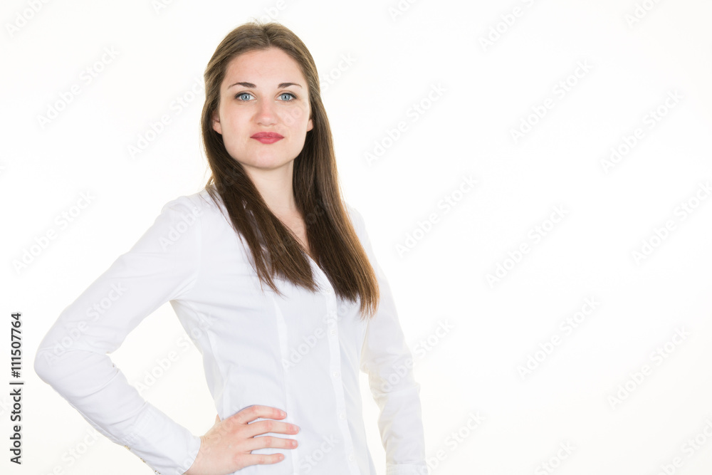 Serious business woman with hands on hips against white background. Serious business woman with hands on hips against white background.