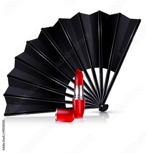 black fan and red lipstick