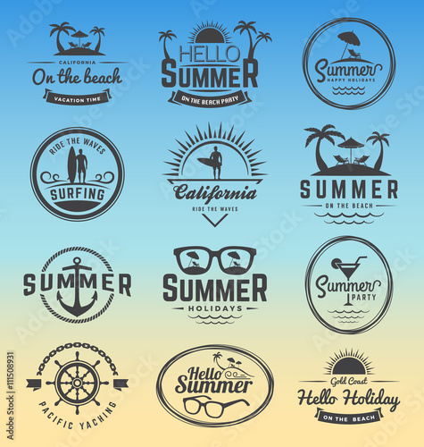 Modern retro insignia for summer holidays, surfing and nautical vector design | Enjoy summer | Hello Summer | Summer Travel Decoration. Vector illustration