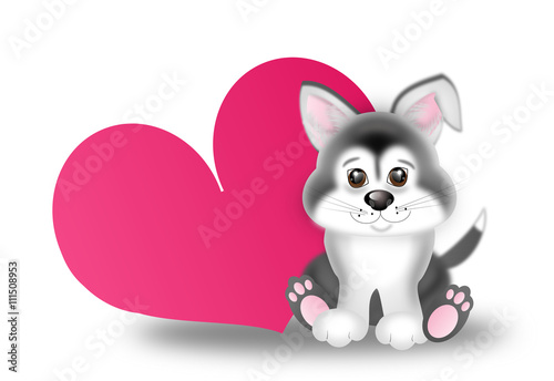 Cute siberian husky puppy with big pink heart