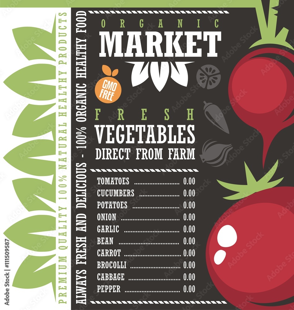 Farm Fresh Vegetables Market Creative Price List Design Stock Vector