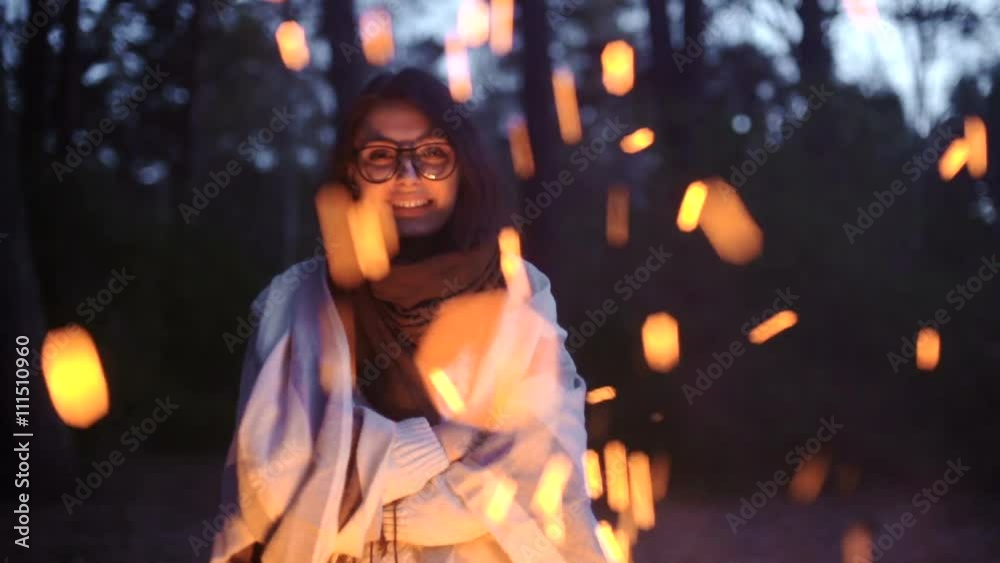 SLOWMOTION. Camping night couple cook by campfire backpack SLOWMOTION. Camping night couple cook by campfire backpack