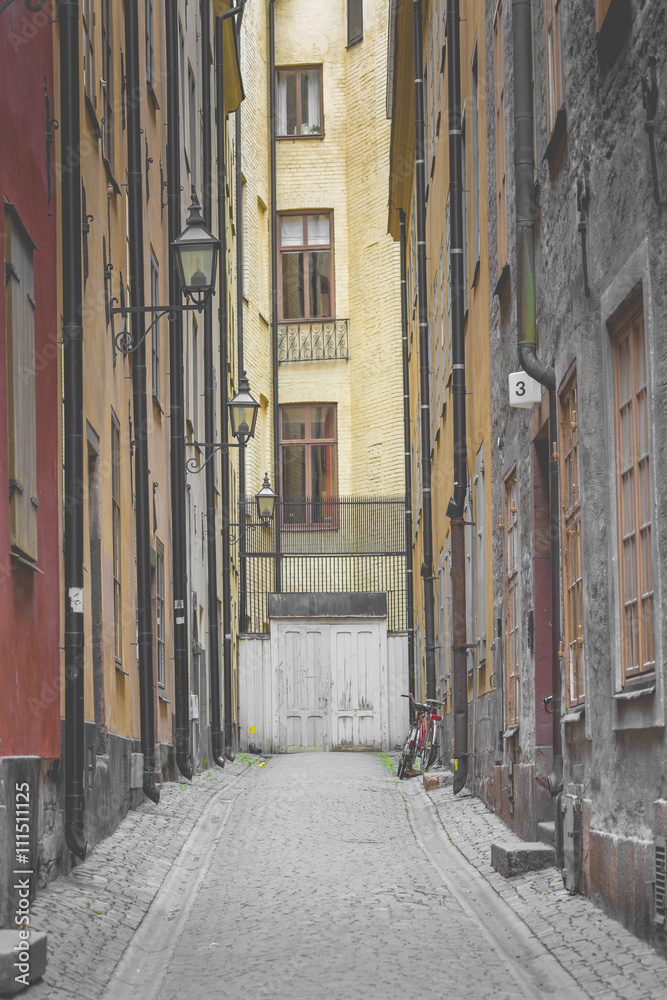 Narrow Street in Old Town (Gamla Stan) of Stockholm, Sweden