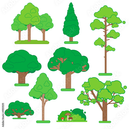 Set Of Green Trees and Shrubs on White Background. Vector Illustration.