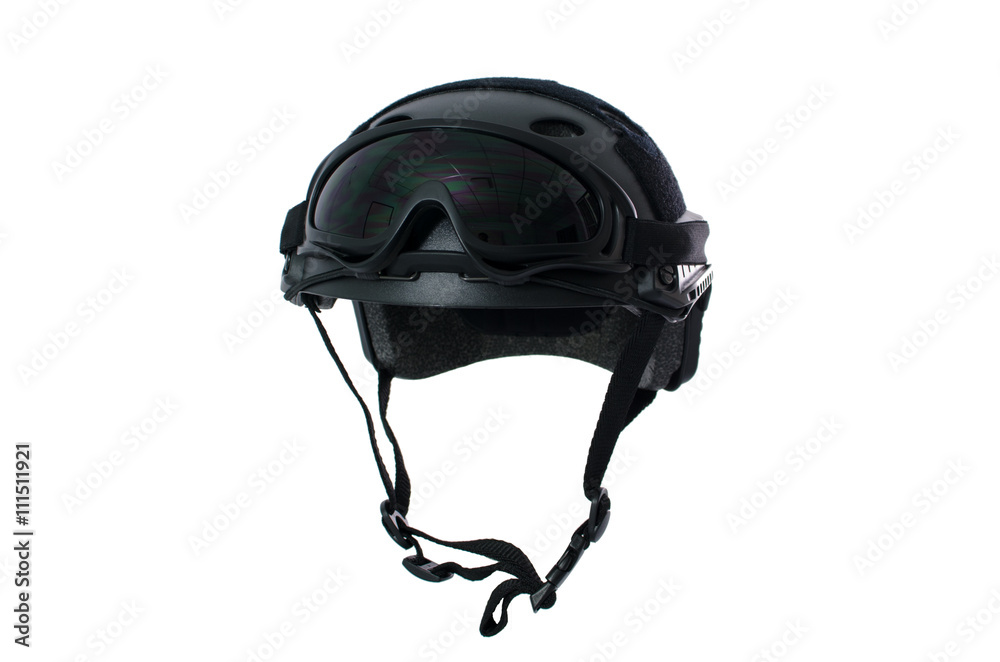 Tactical helmet with safety goggles Di-cut On White Background Stock