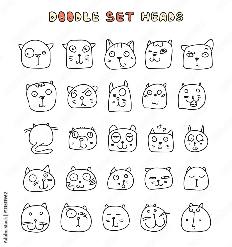Set of 25 doodle cats with different emotions handmade. Cat face Set of 25 doodle cats with different emotions handmade. Cat face