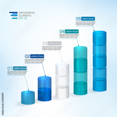 Modern vector 3D  illustration infographic for statistics,  analytics, financial reports, presentation and web design with transparent growing graph in blue colors.