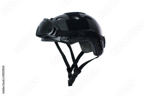 Tactical helmet with safety goggles Di-cut On White Background