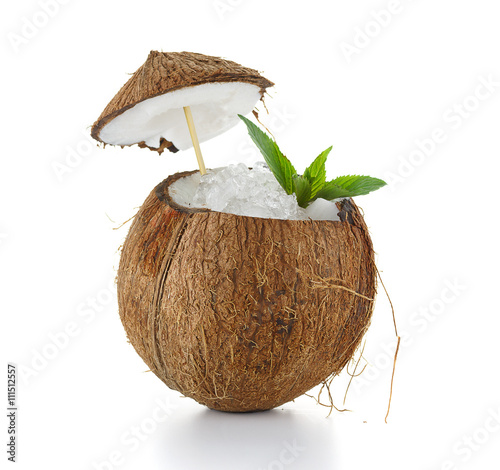 Coconut cocktail with ice isolated on white background
