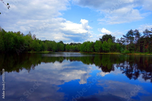 tranquil lake with cloudy sky reflections on water and green forest