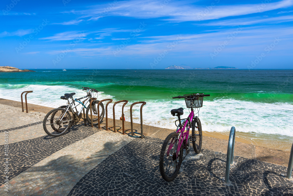 Fototapeta premium Bicycles parked in Ipanema beach in Rio de Janeiro. Brazil